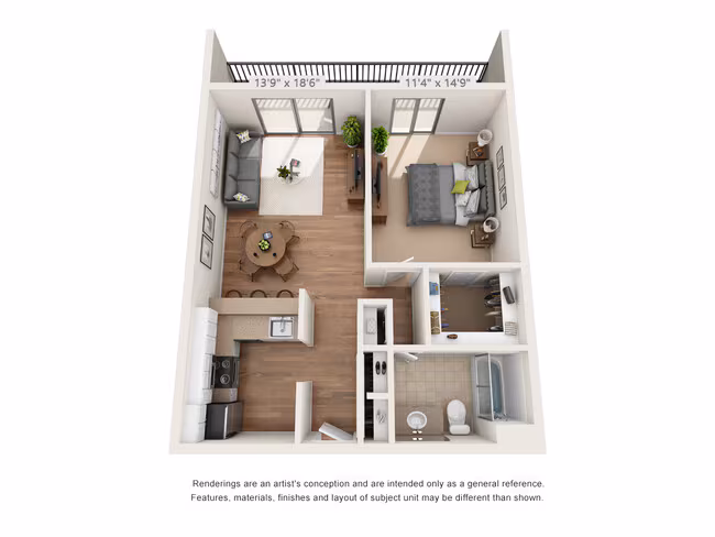 1x1 830 sq ft floor plan